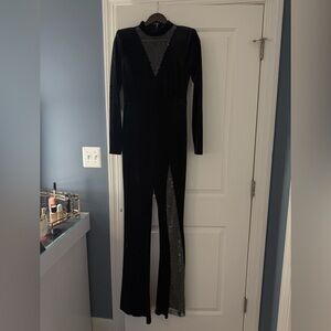 Embellished Black Long Sleeve Jumpsuit with Mesh Detail
